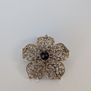 Monet Brooch Gold Tone Flower With Brown Jewel Center ELEGANT